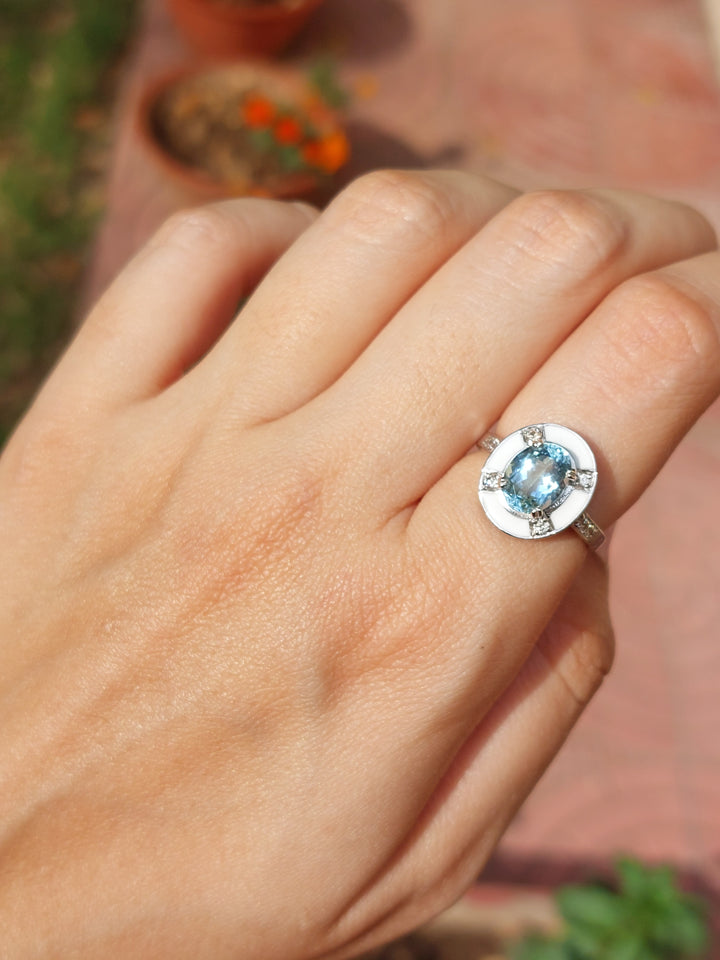 Enamel halo aquamarine tourmaline ring alternate angle