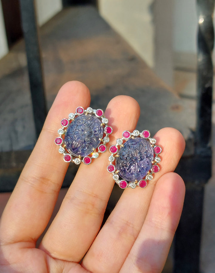 14K gold silver carved tanzanite ruby diamond earrings