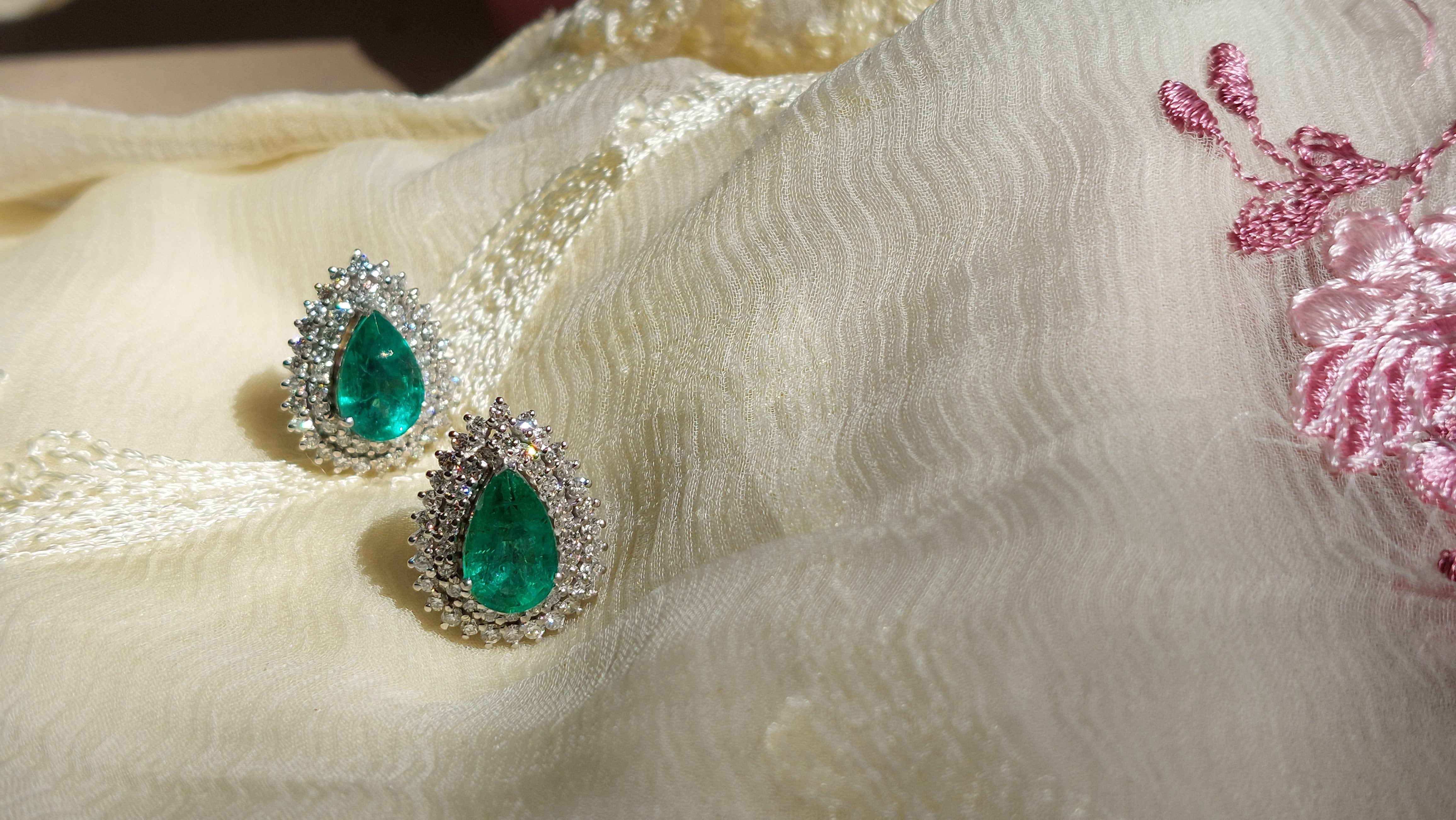 925 silver Zambian pear emerald diamond earrings SKU33