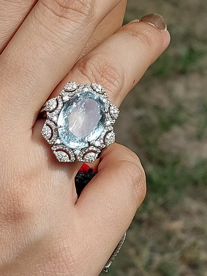 925 silver natural aquamarine diamond ring 58C