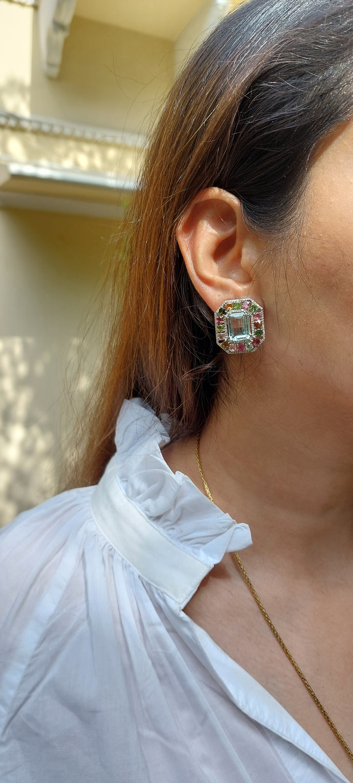 925 silver natural aquamarine tourmaline diamond stud earrings 93C