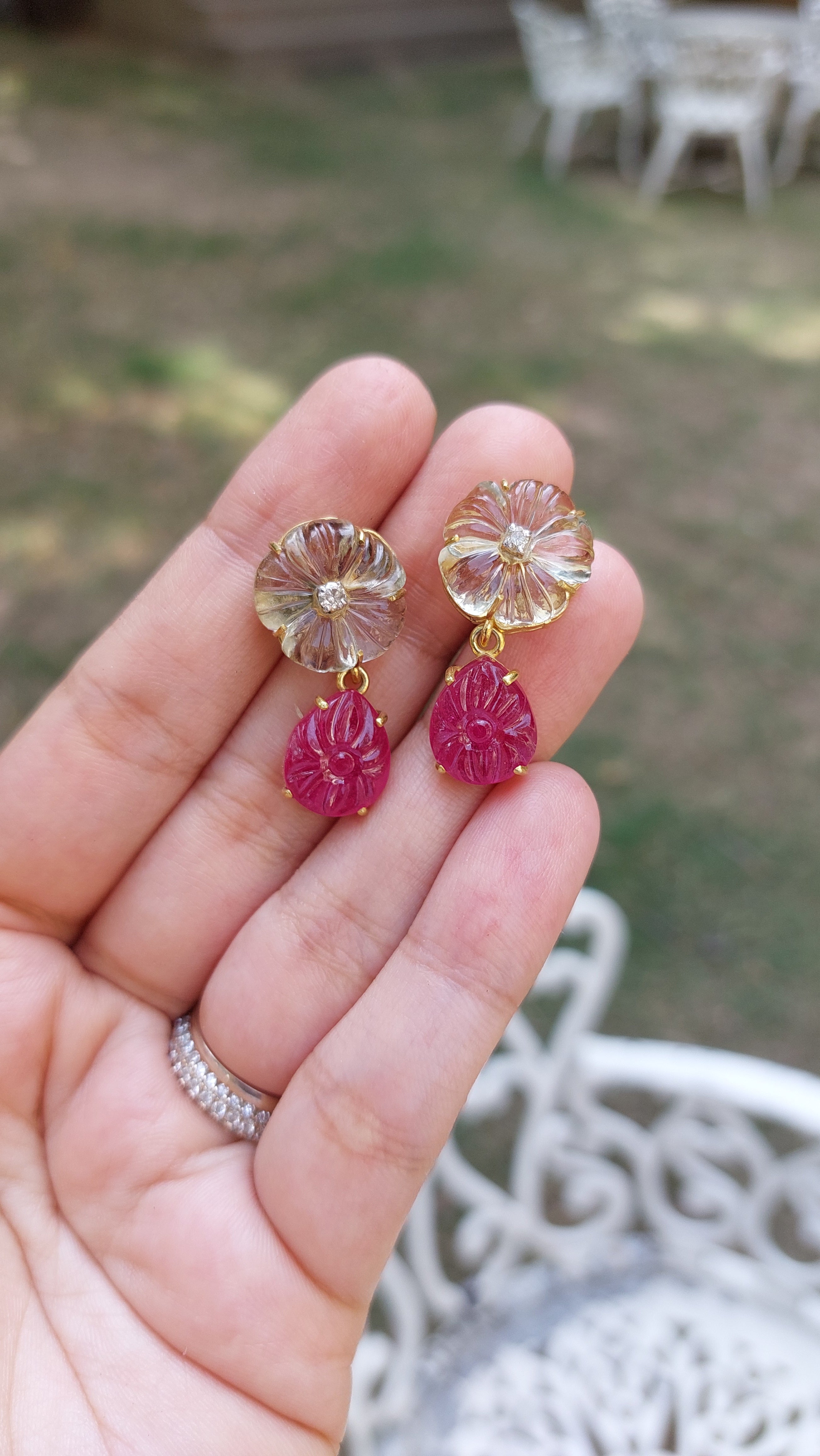925 silver ruby green amethyst earrings close-up detail