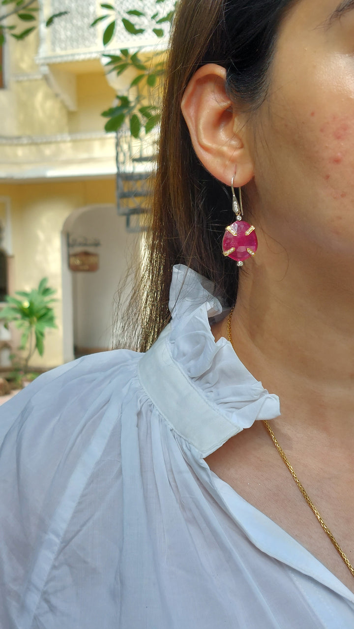 14K gold rosecut ruby earrings with diamonds product photo