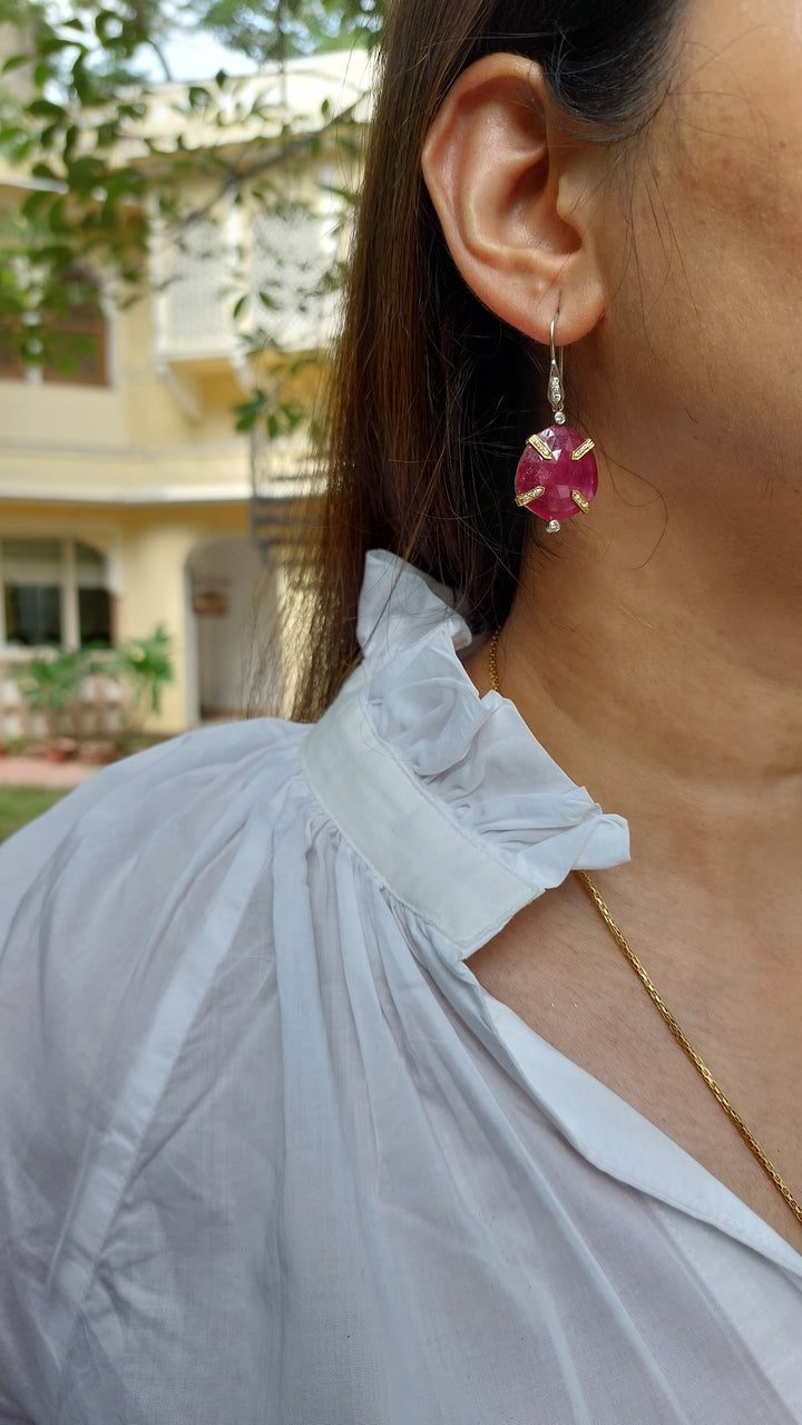 14K gold rosecut ruby diamond earrings close-up detail