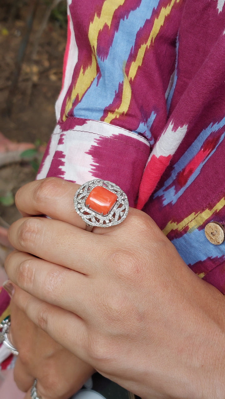925 silver natural coral diamond ring 53C