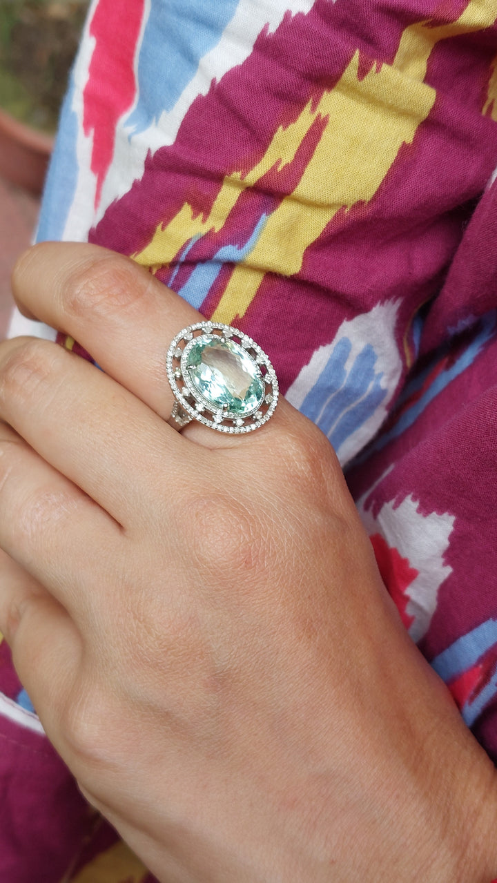 925 silver natural aquamarine diamond ring 46C