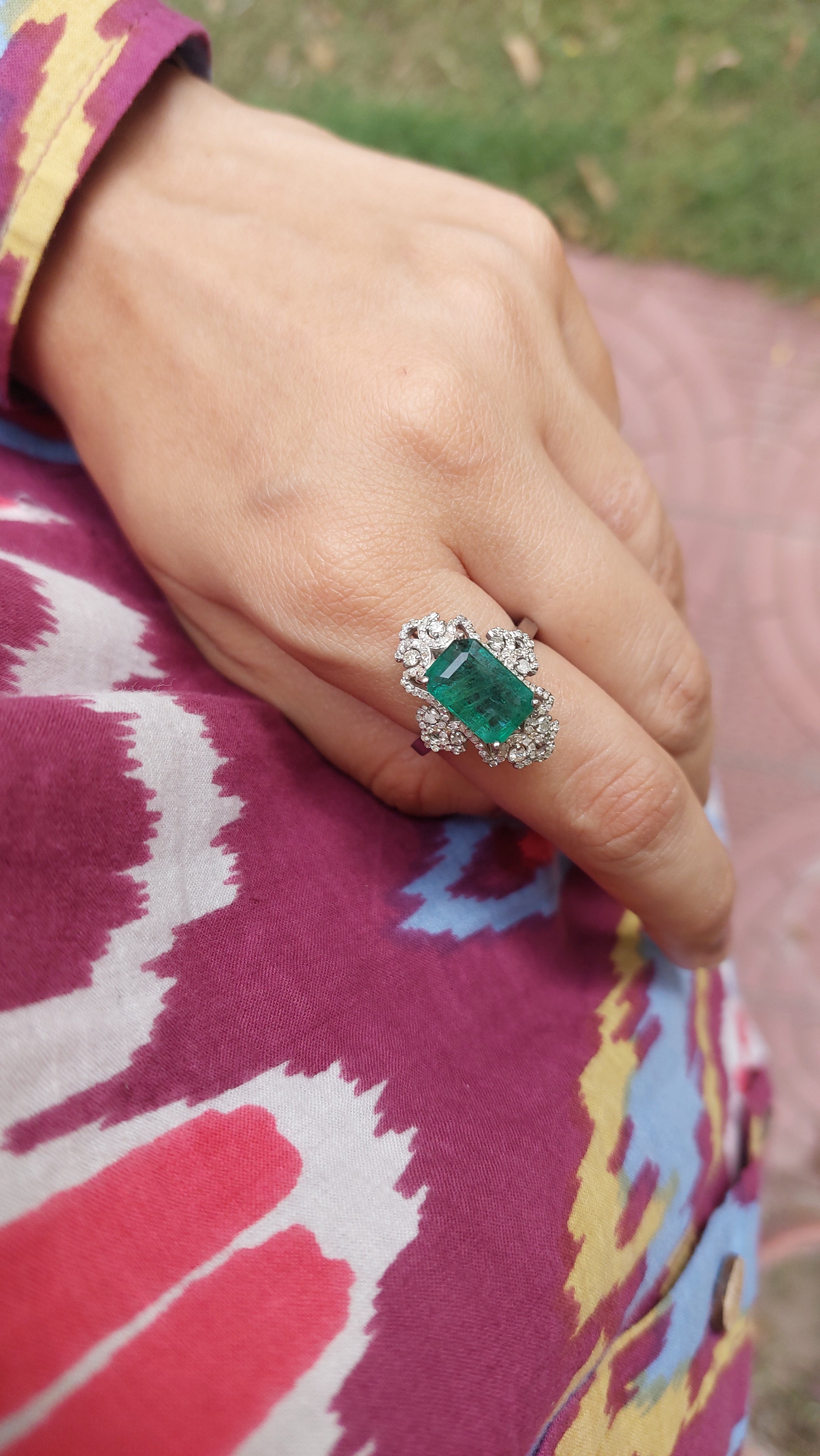 925 silver natural emerald diamond ring 39C