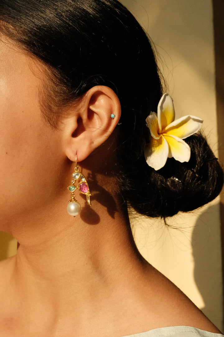 18K gold diamond polki and pearl drop earrings product photo