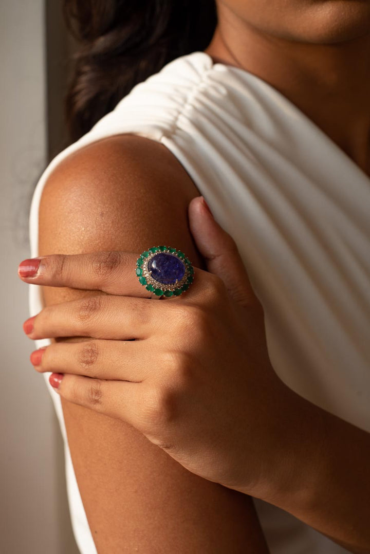 925 silver Azure Ring emerald and tanzanite cabochon