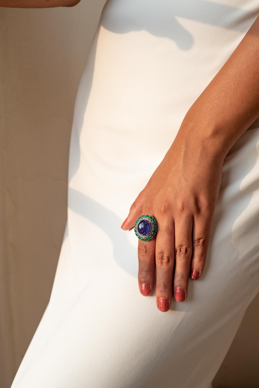 925 silver bold tanzanite emerald ring on hand