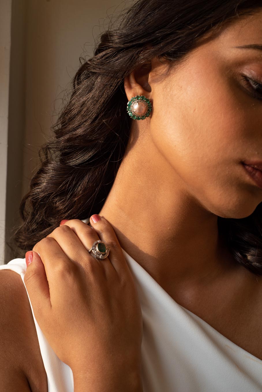 14K gold pearl hoop earrings worn by model