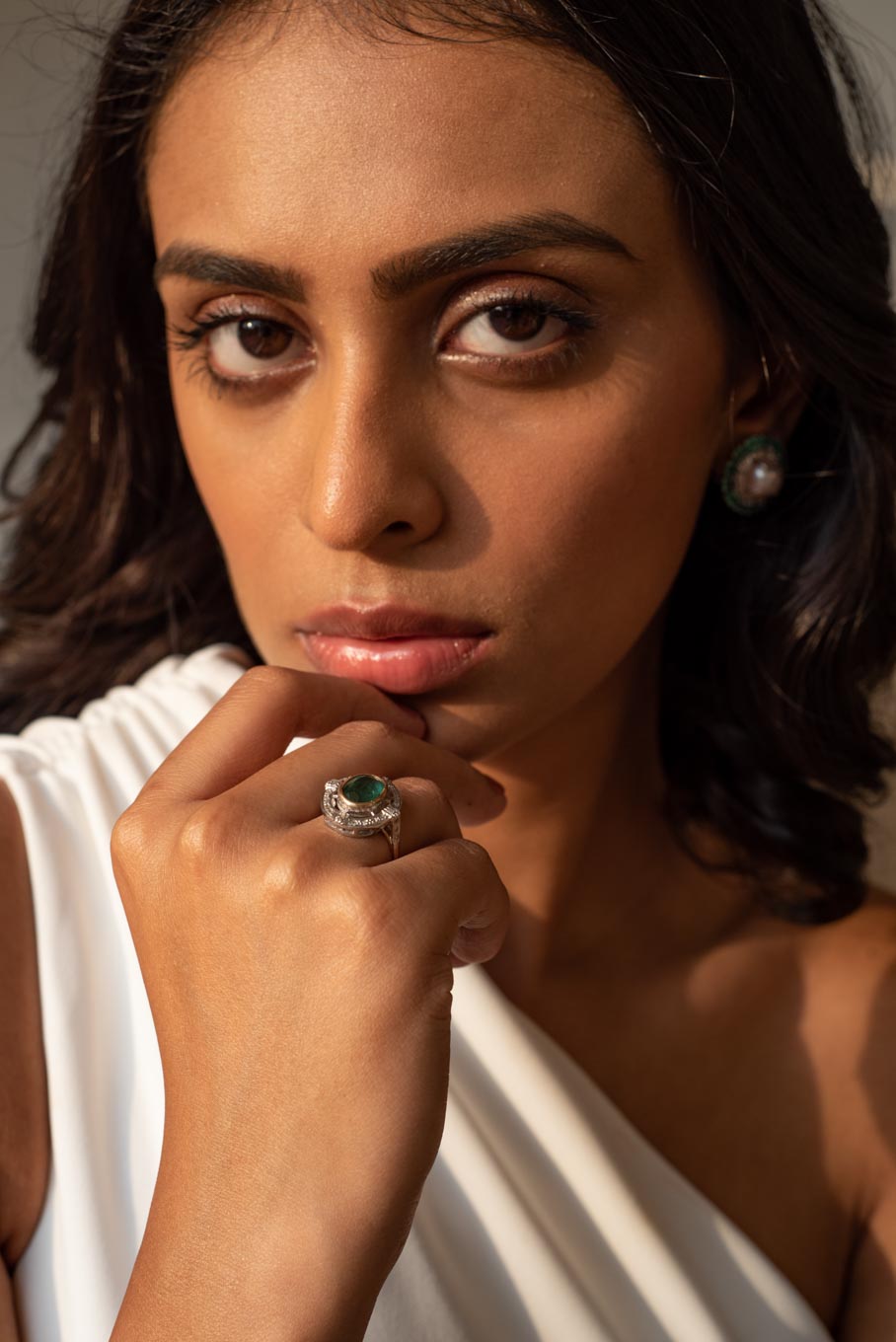 14K gold Green Tamara Ring emerald on finger