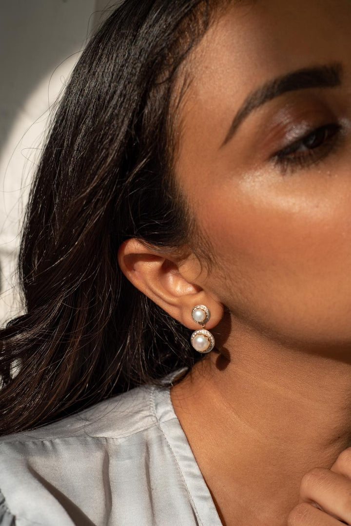 14K gold Seher Earrings with two pearls, vertical design