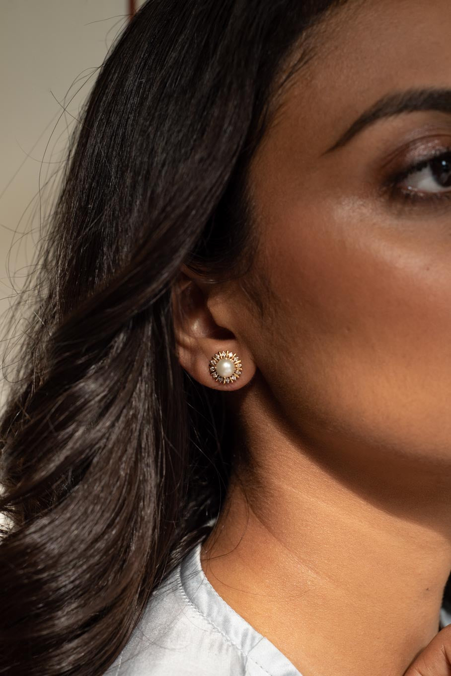 14K gold pearl stud earrings with diamond accents