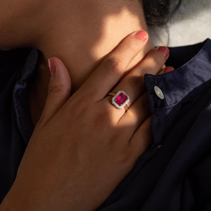 14K gold Ruby Arezu Ring with square-cut ruby on hand