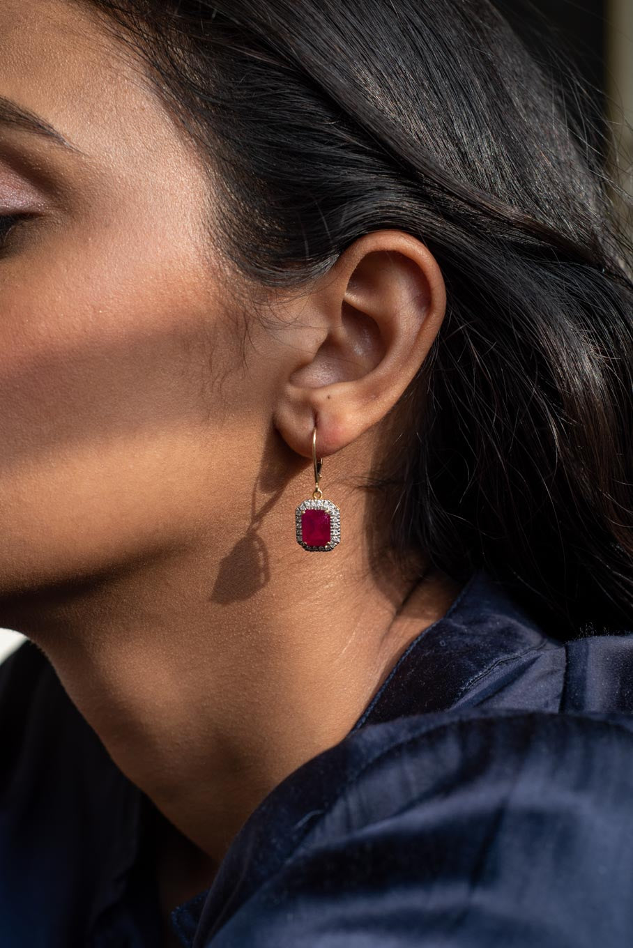 14K gold Ruby Arezu Earrings with square-cut ruby drops