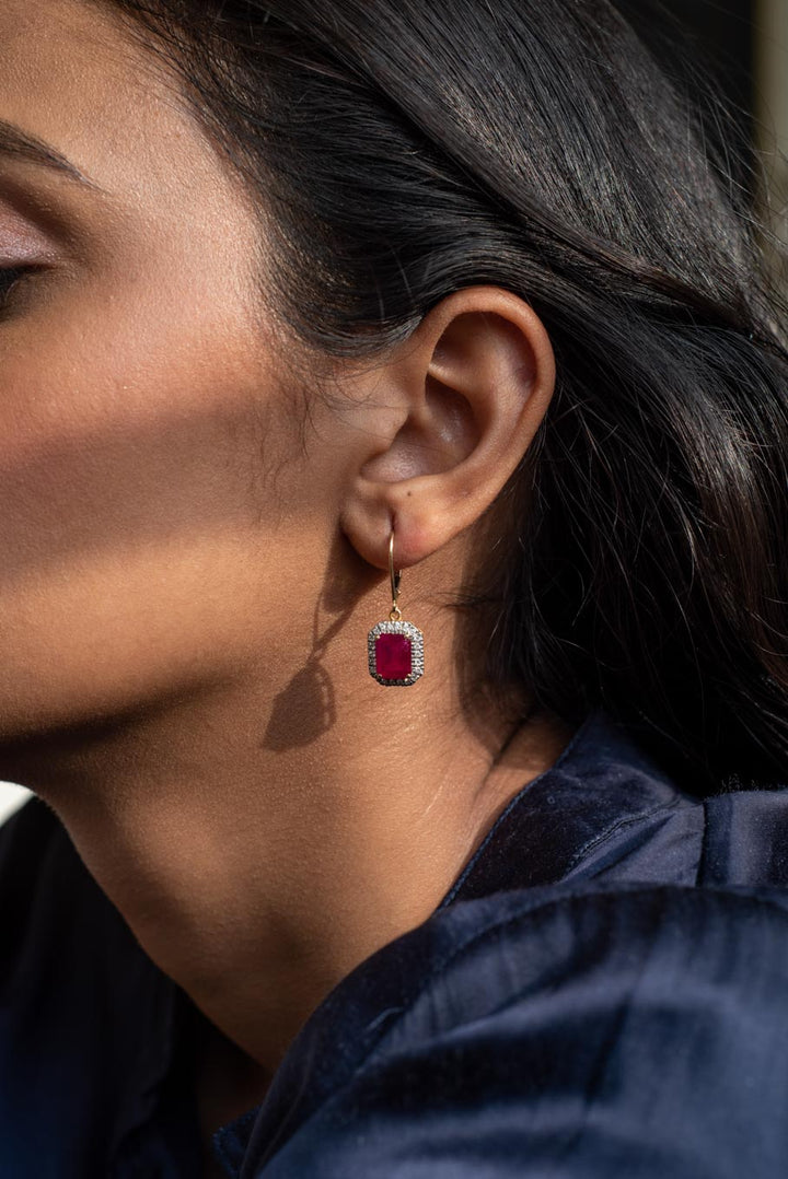 14K gold Ruby Arezu Earrings with square-cut ruby drops