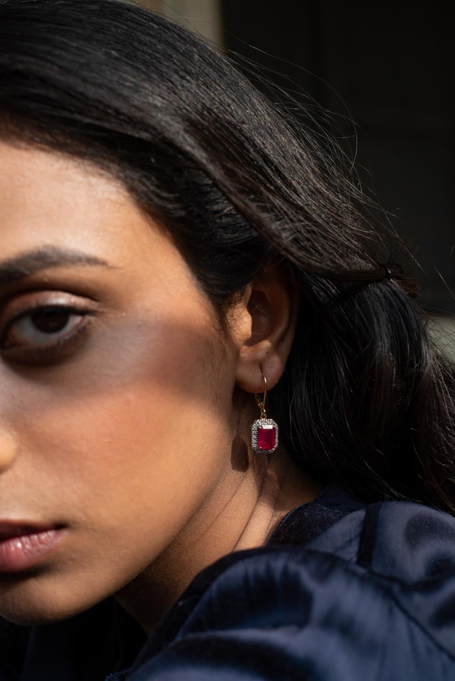 14K gold rectangular ruby earrings with diamond accents