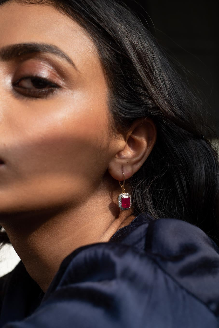 14K gold ruby drop earrings with chain accents