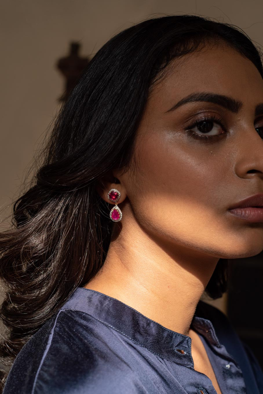 14K gold Umrao Earring pink gemstone drops worn by model