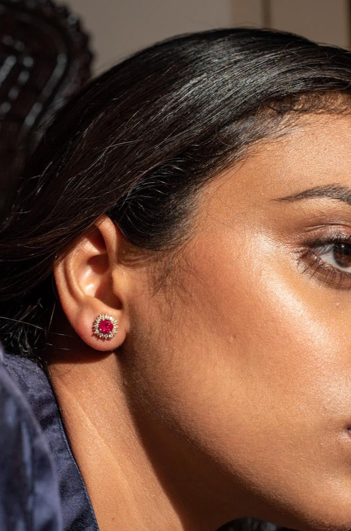 14K gold ruby stud earring polished finish close-up