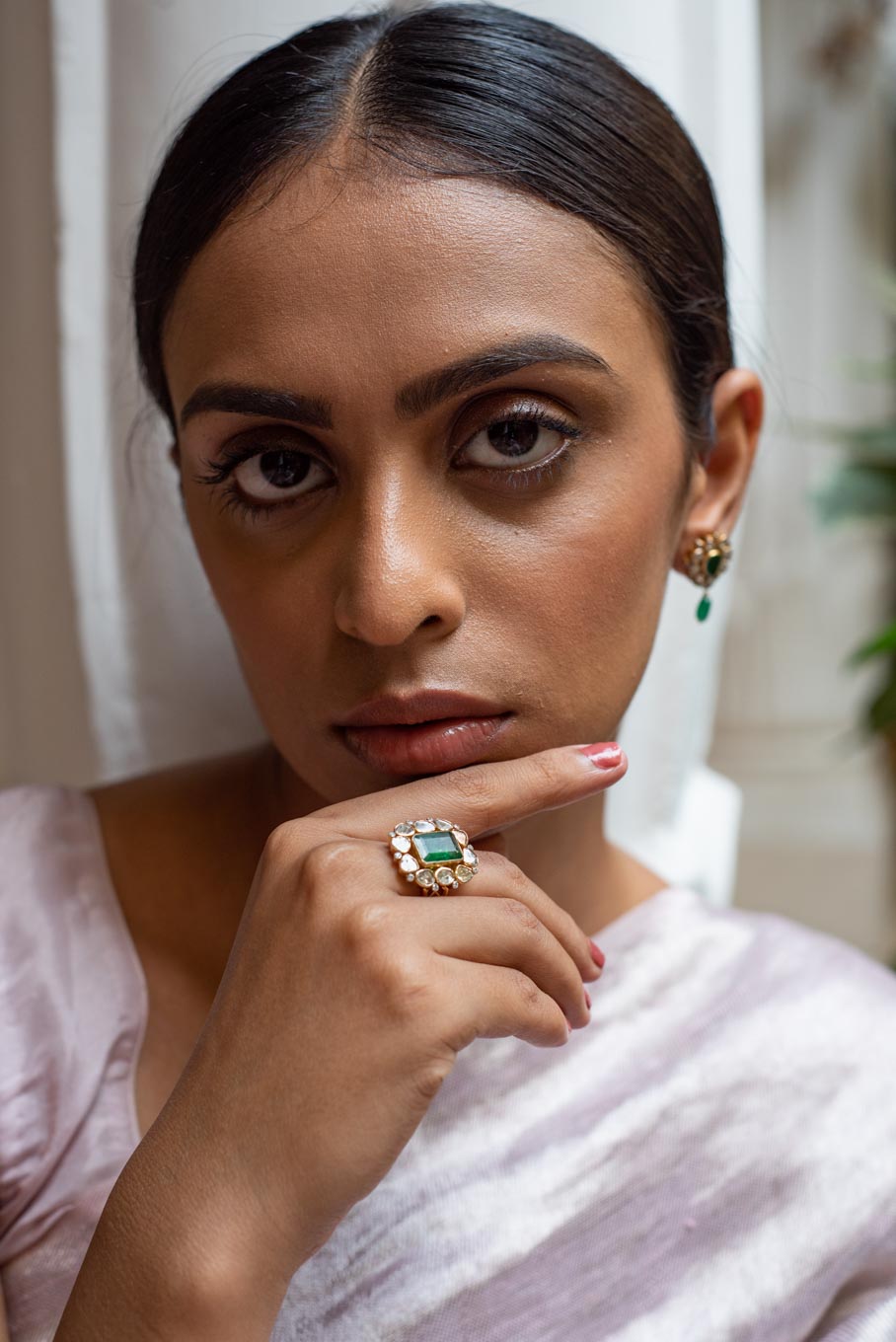 14K gold square emerald ring with white stones