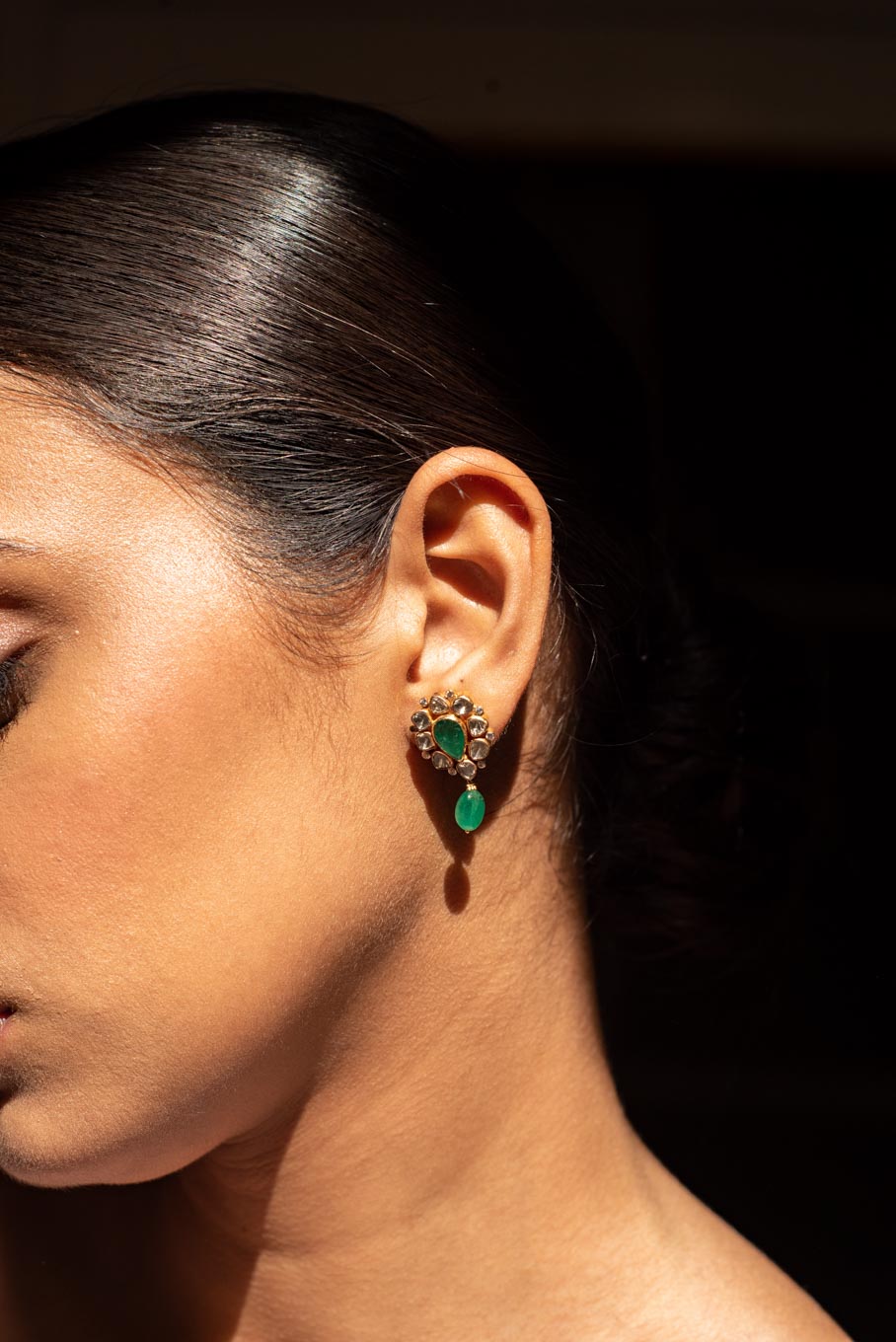 14K gold Sultana Earrings polki with green enamel and emerald drop