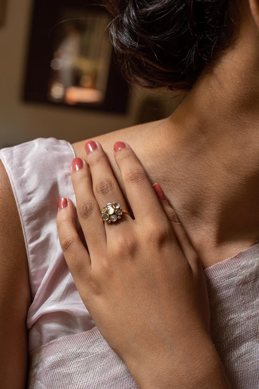 14K gold square-cut diamond polki ring with intricate detailing