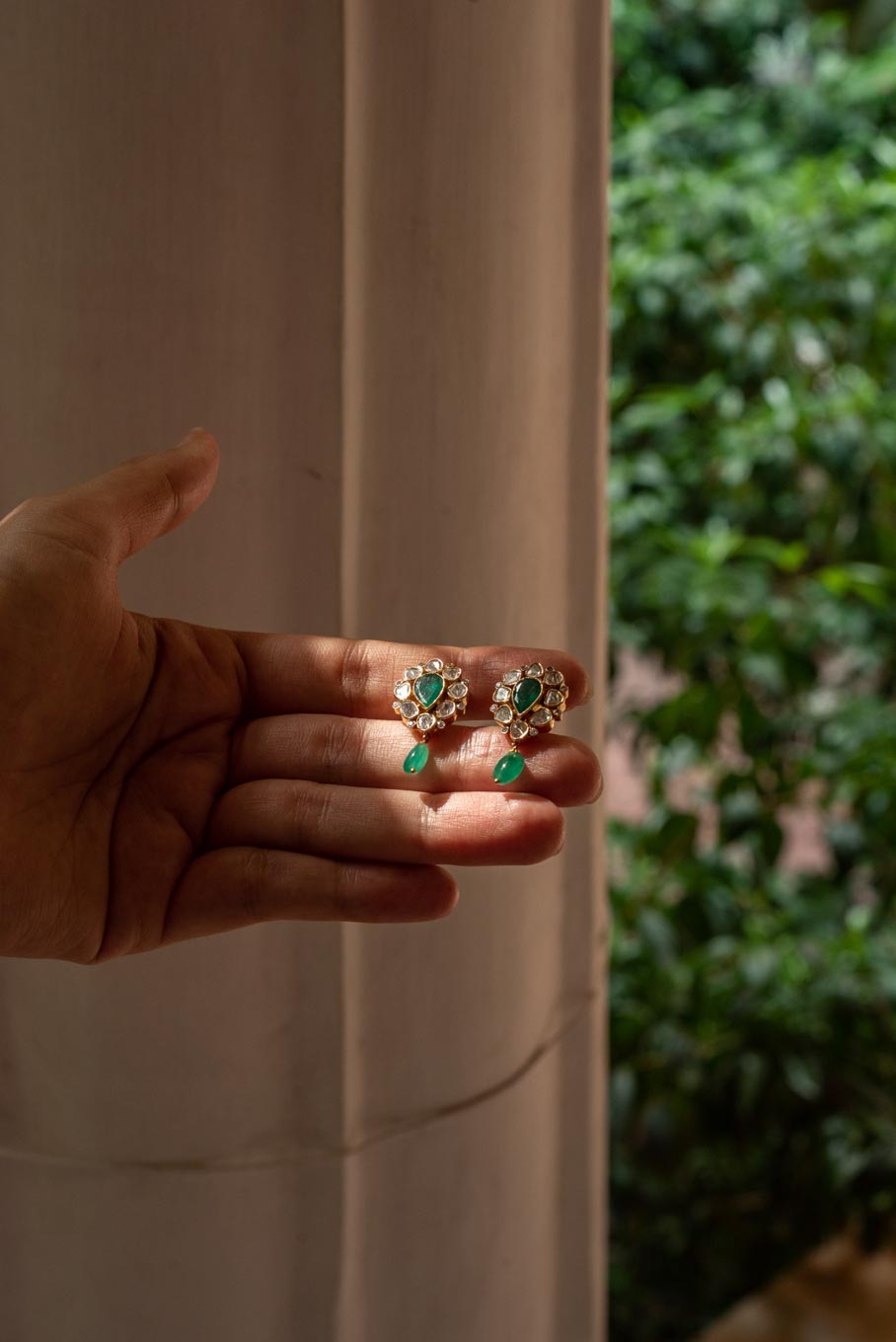 14K gold Sultana Earrings polki diamond and emerald detail