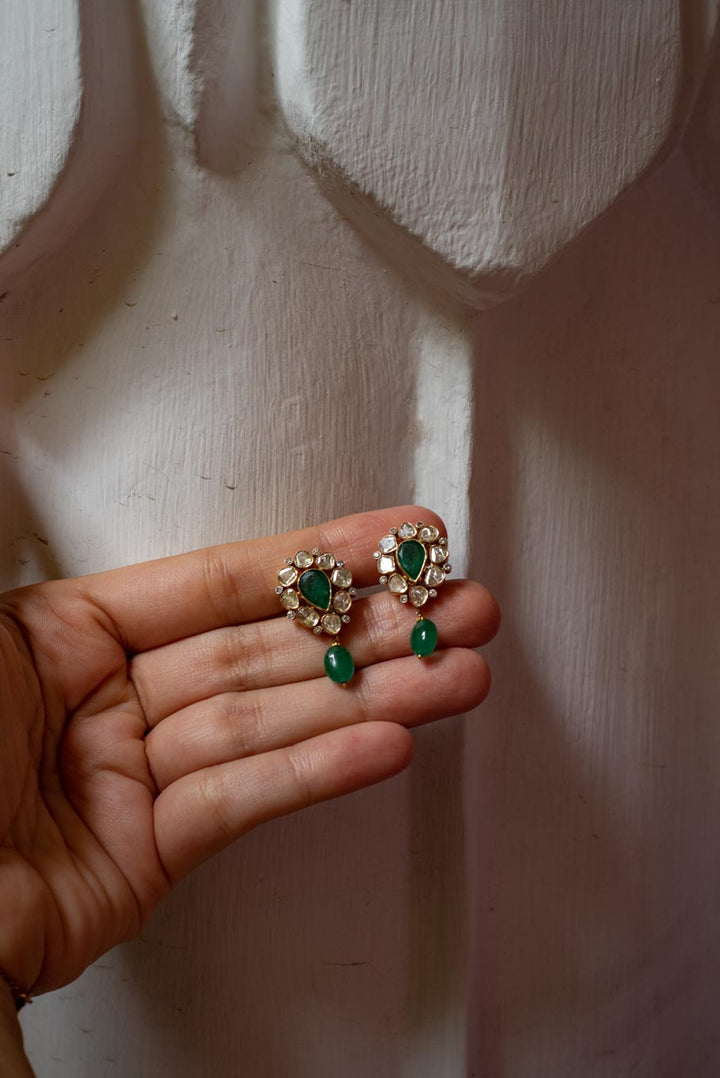 14K gold polki earrings with green gemstone and beads