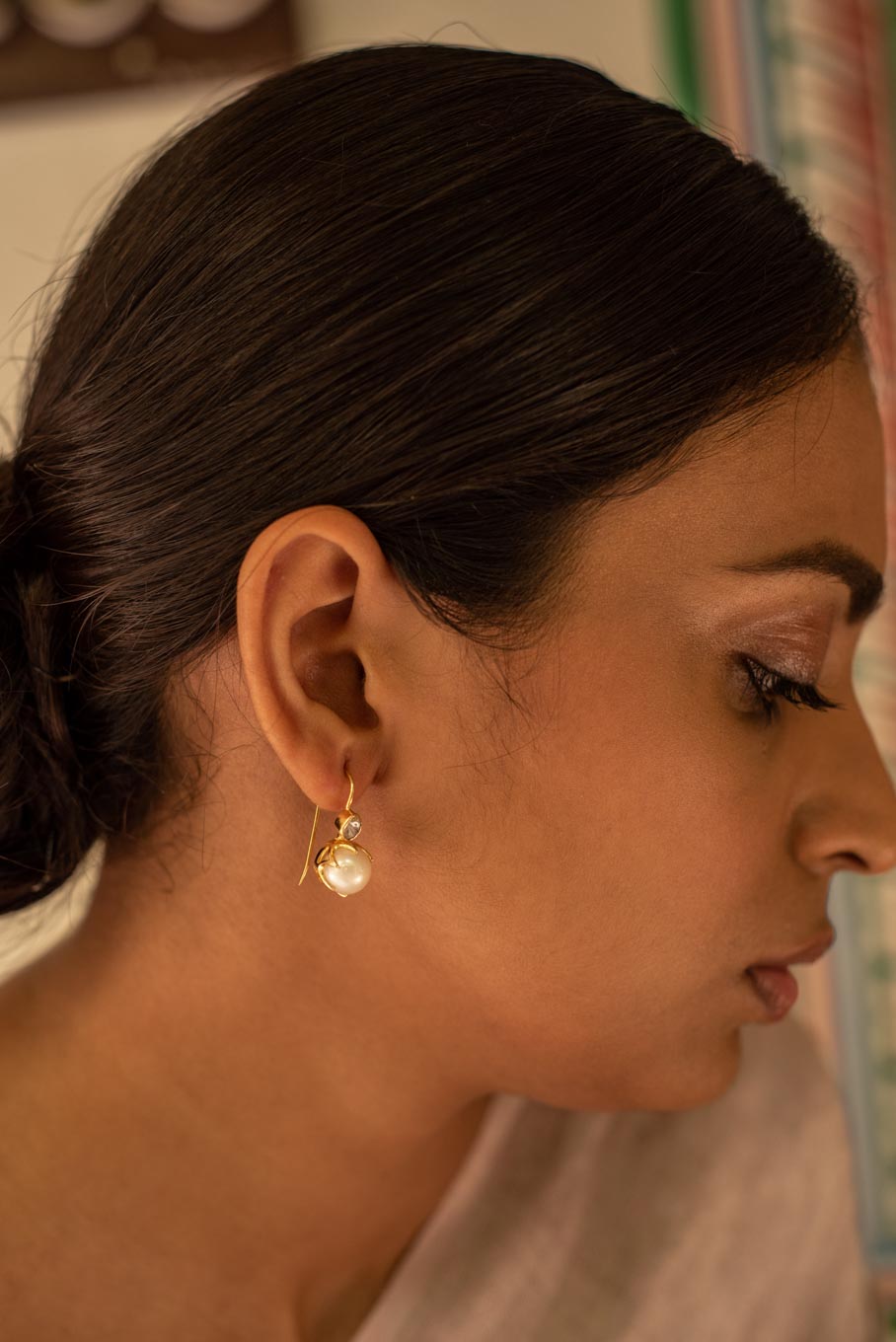 14K gold polki pearl drop earring with dangling pearl