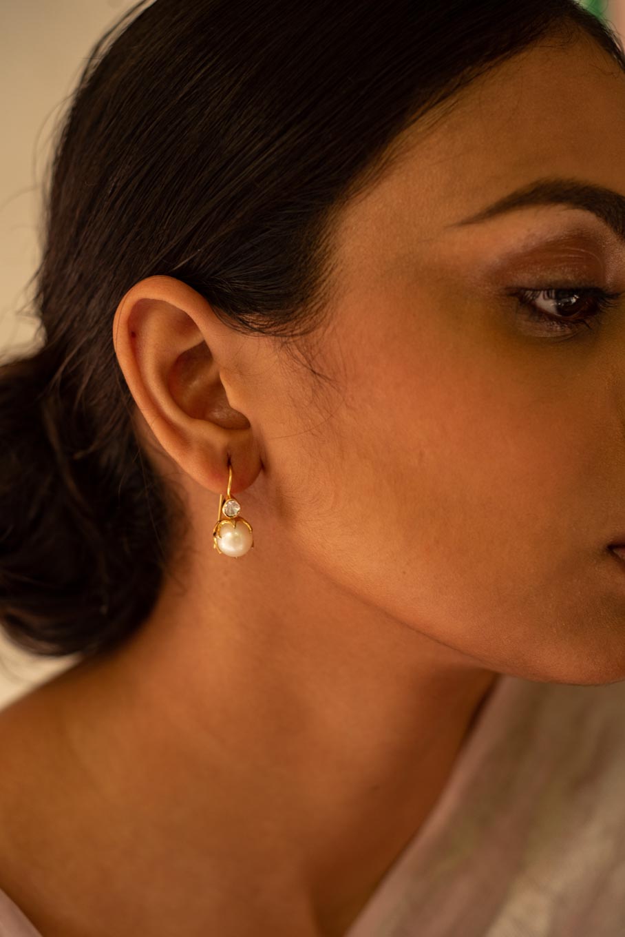 14K gold polki earrings with teardrop pearl detail