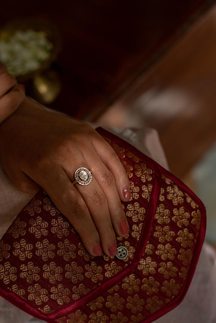 14K gold Alizeh Ring diamond polki over embroidered fabric