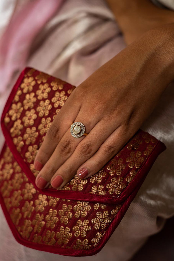 14K gold circular diamond polki ring with central diamond