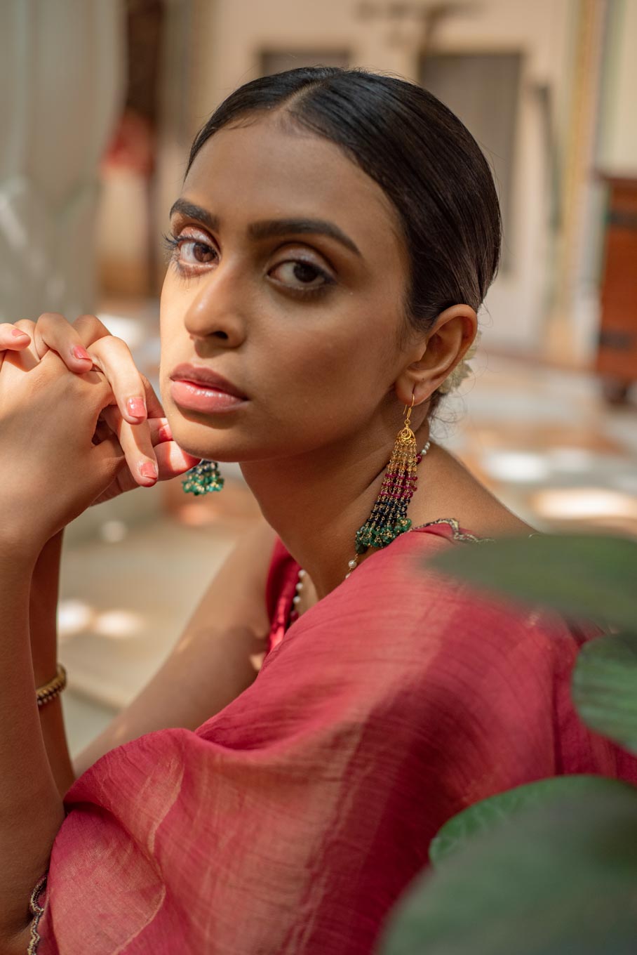 18K gold Long Haya Jhumka filigree worn by model