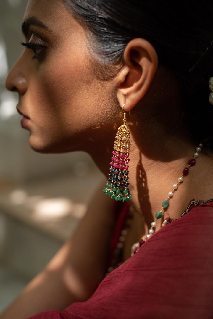 18K gold long jhumka earrings multicolored bead tassels