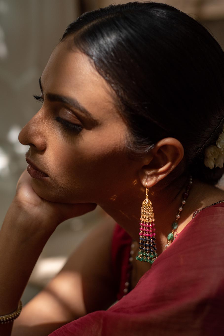 18K gold long jhumka earrings colorful bead tassels traditional attire