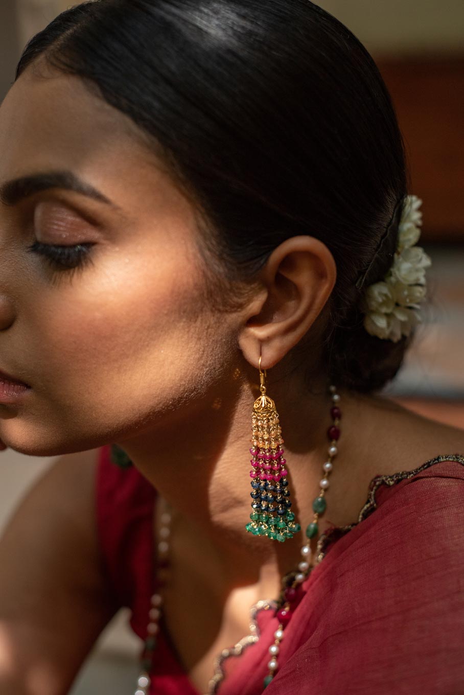18K gold jhumkas green and pink bead accents worn by model