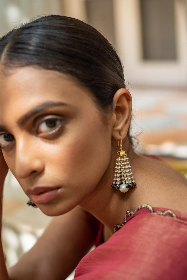 18K gold Sapphire Nabila Jhumka with pearl accents