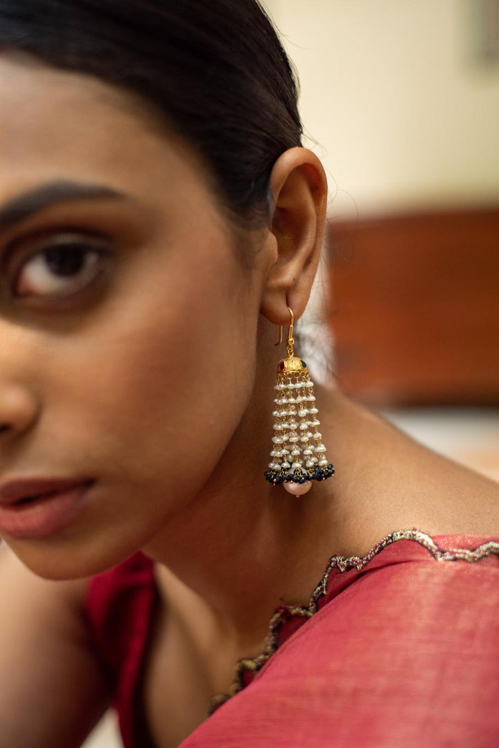18K gold jhumka earrings with sapphire and pearl detailing