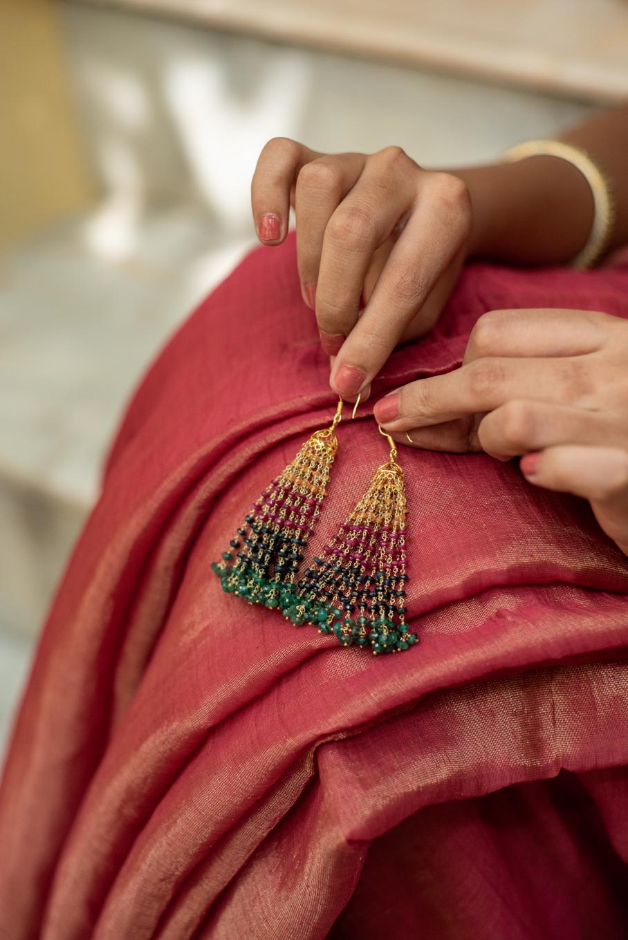 18K gold jhumkas filigree cascading green and pink beads