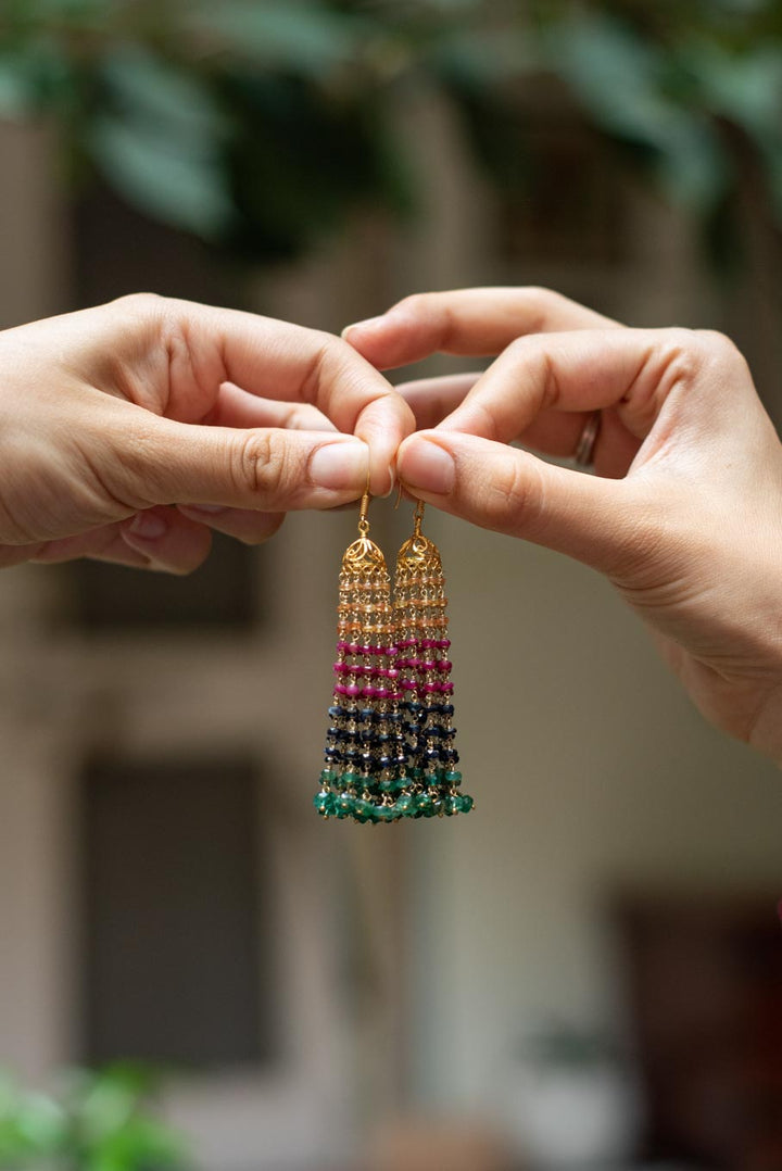 18K gold Long Haya Jhumkas tiered red green black bead tassels