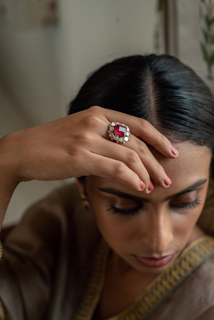 14K gold Rubina Ring with oval ruby and diamond polki