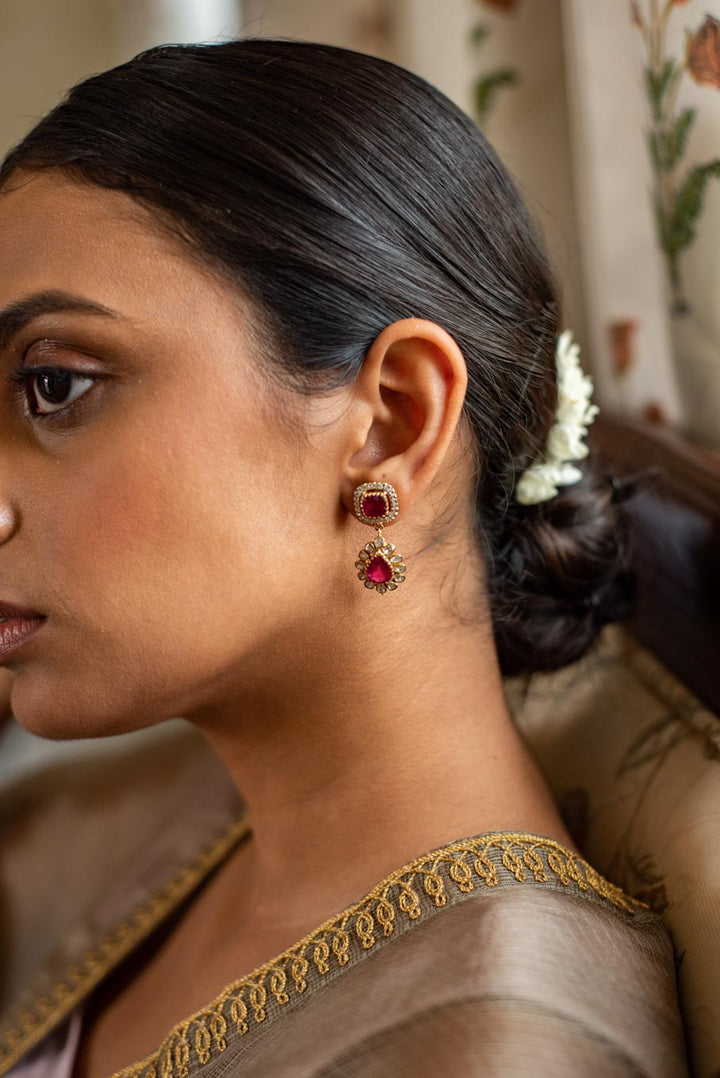 14K gold ruby polki earrings worn by model