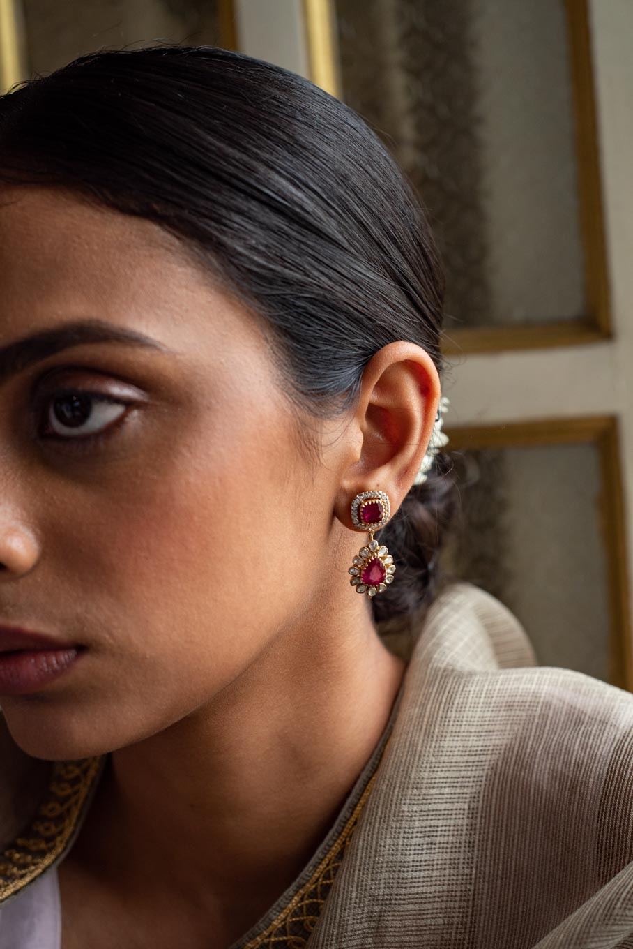 14K gold Rubina Earrings ruby polki worn by model