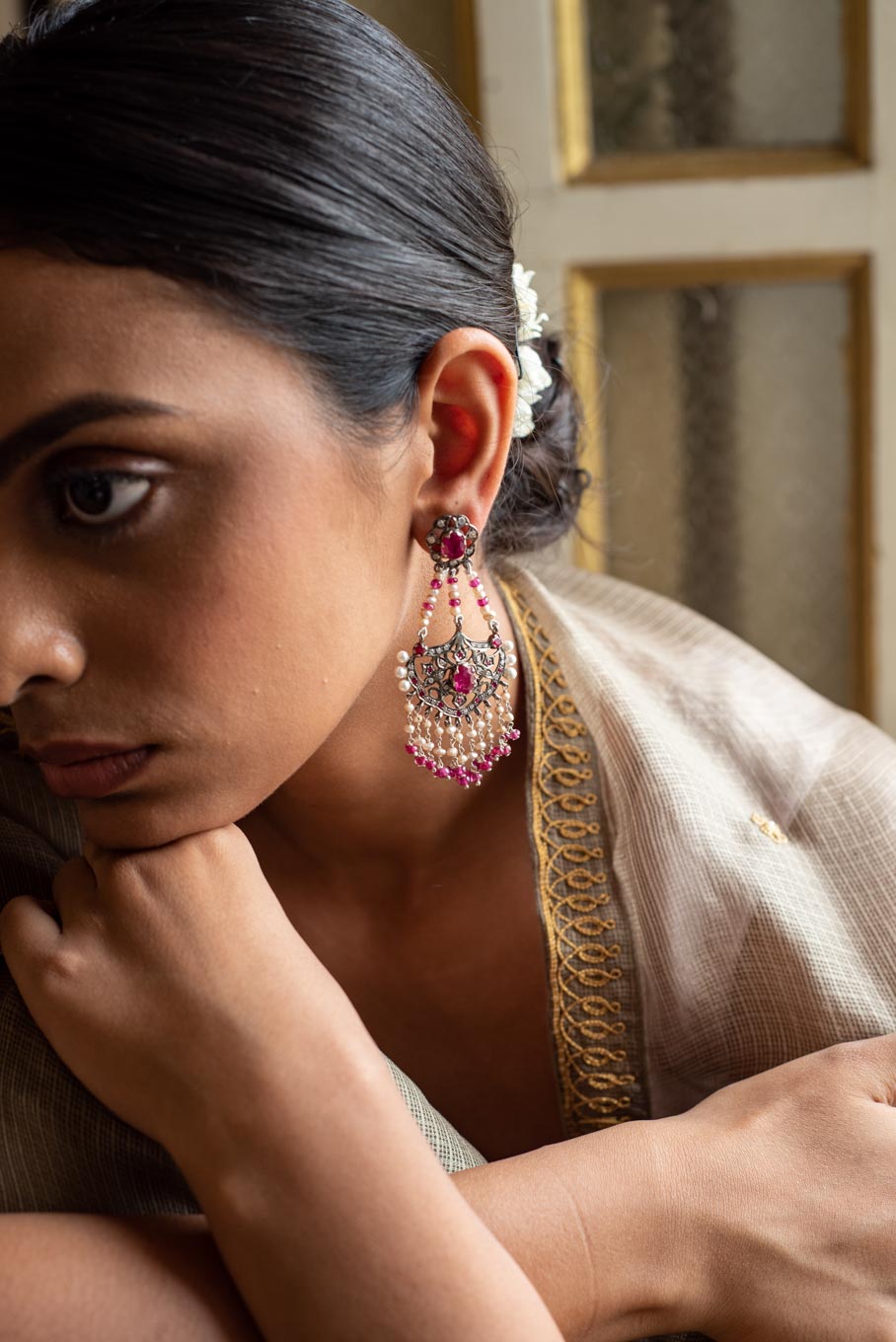 925 silver ruby chandelier earrings worn by model