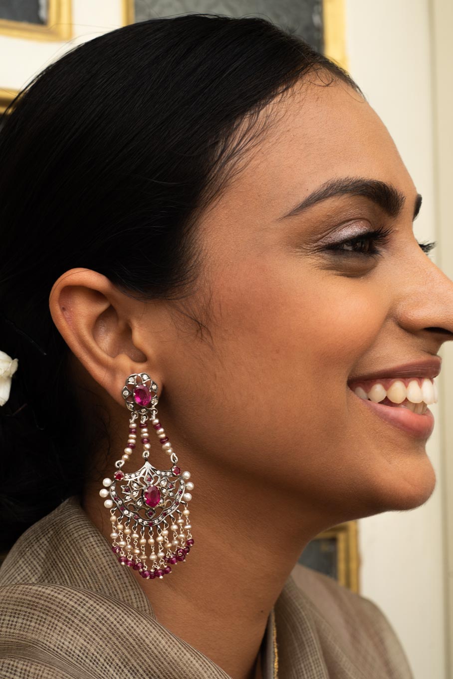 925 silver ruby chandelier earrings pearls filigree design