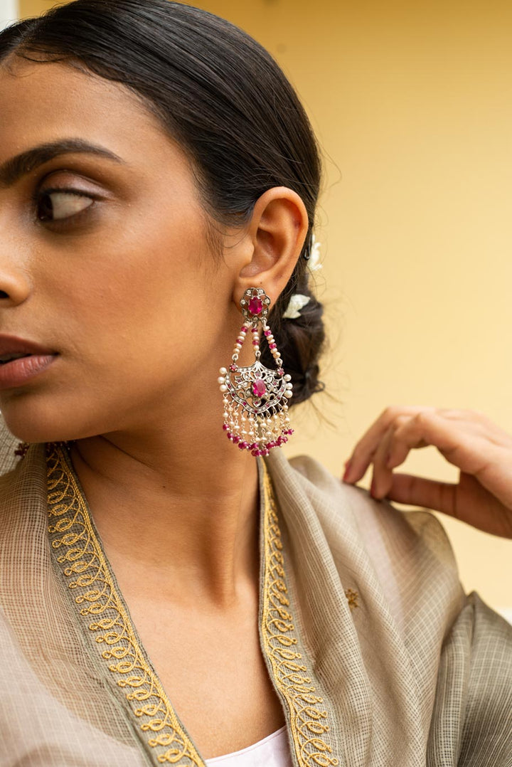 925 silver chandelier earrings ruby with pearl detailing