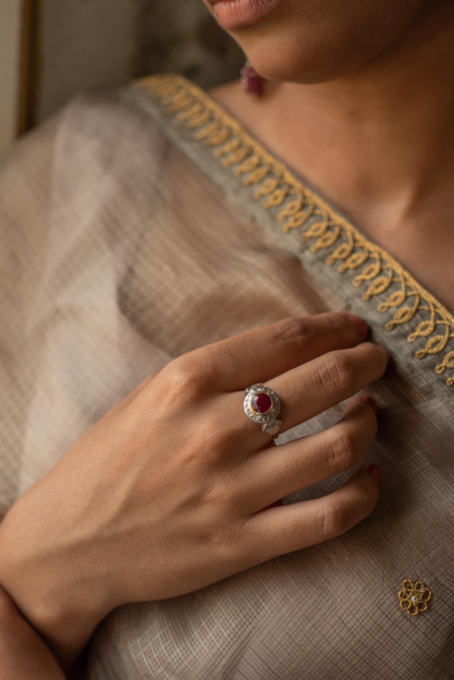 14K gold Rana Ring central ruby worn on index finger