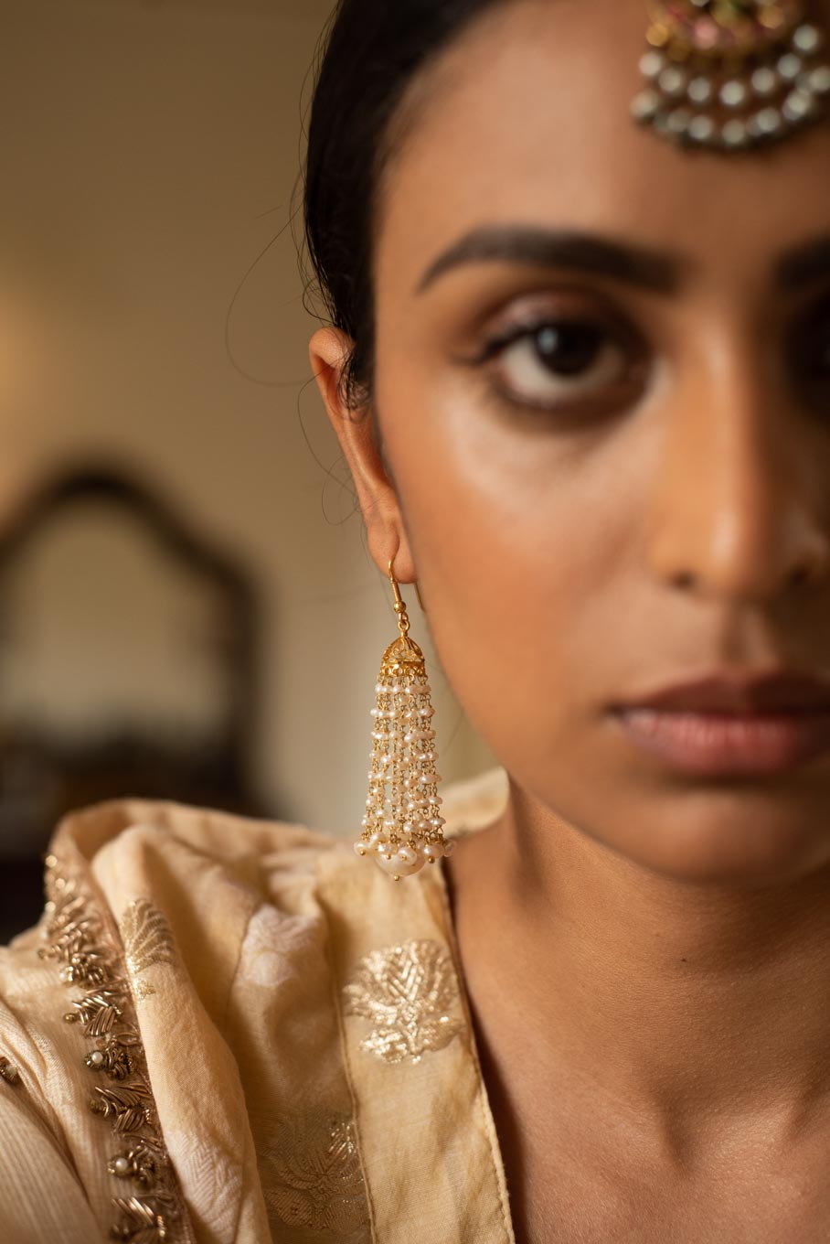 18K gold Pearl Nabila Jhumka worn with embroidered outfit